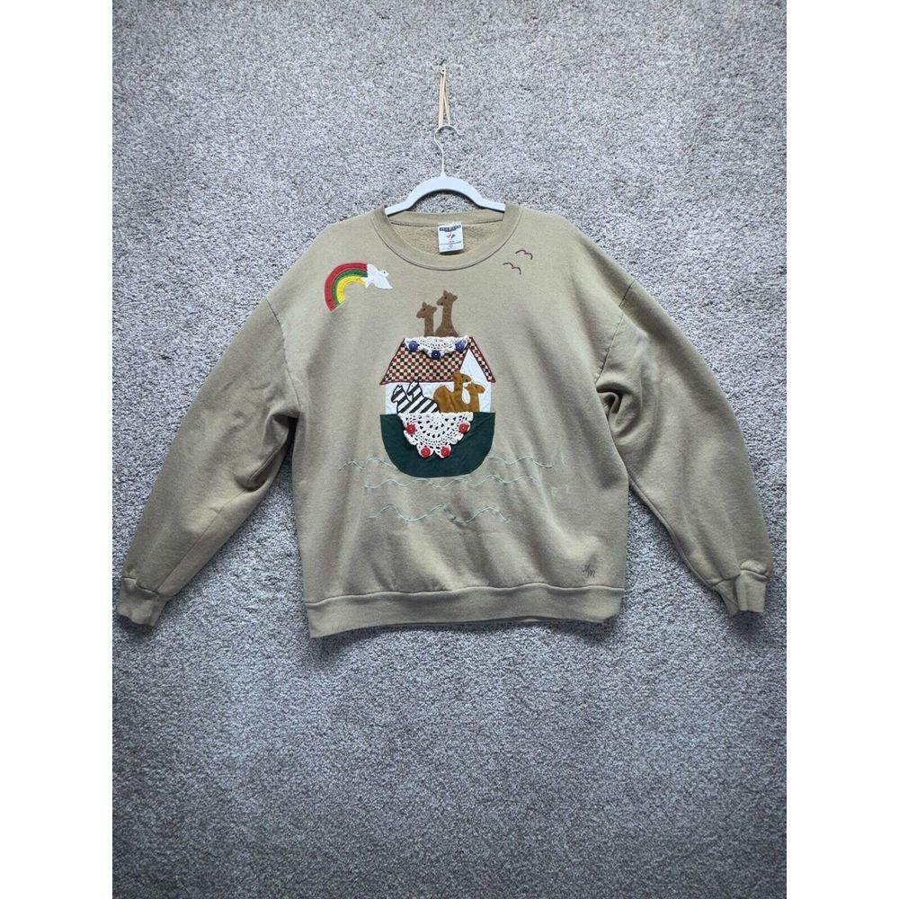 Vintage Noahs‎ Ark Sweatshirt Adult Green Animals Bible Church Jerzees USA